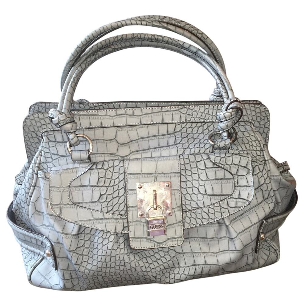 Guess Vintage Y2k Croc Embossed Leather Large Satchel Shoulder Bag Blue Lock